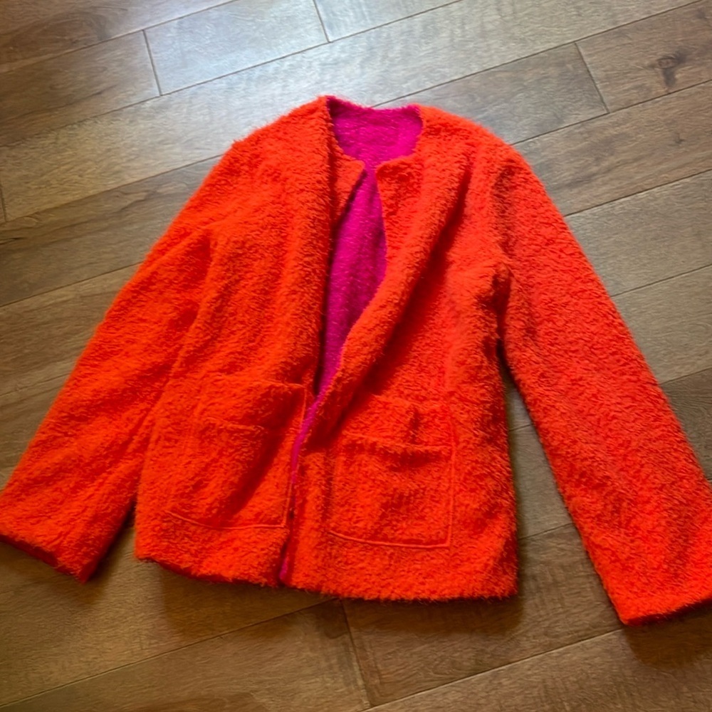 Reversible Color Block Fuzzy Jacket with Front Pockets - Picture 2 of 6